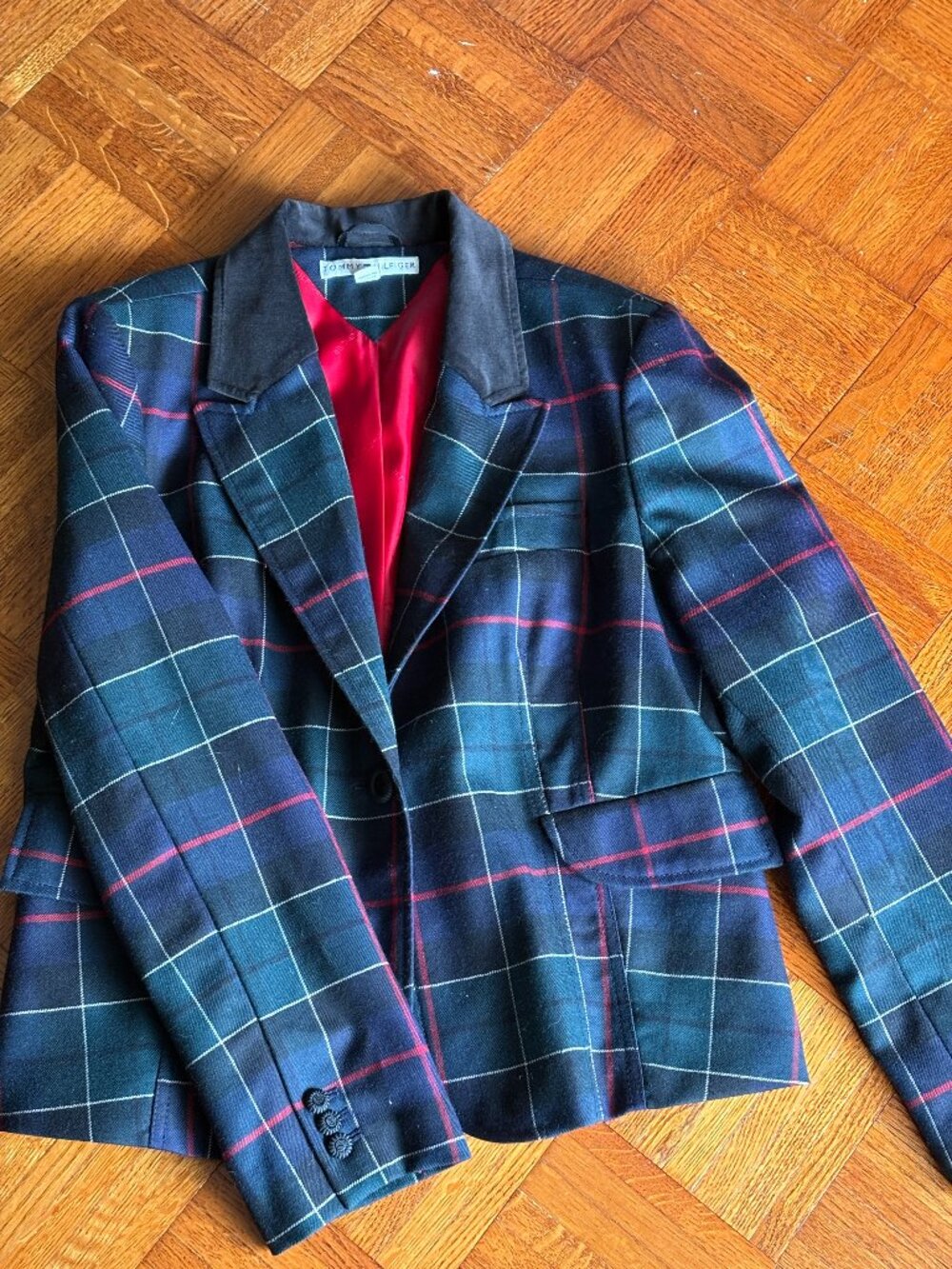 Tommy Hilfiger Tartan Plaid Tailored Blazer Suede collar XL